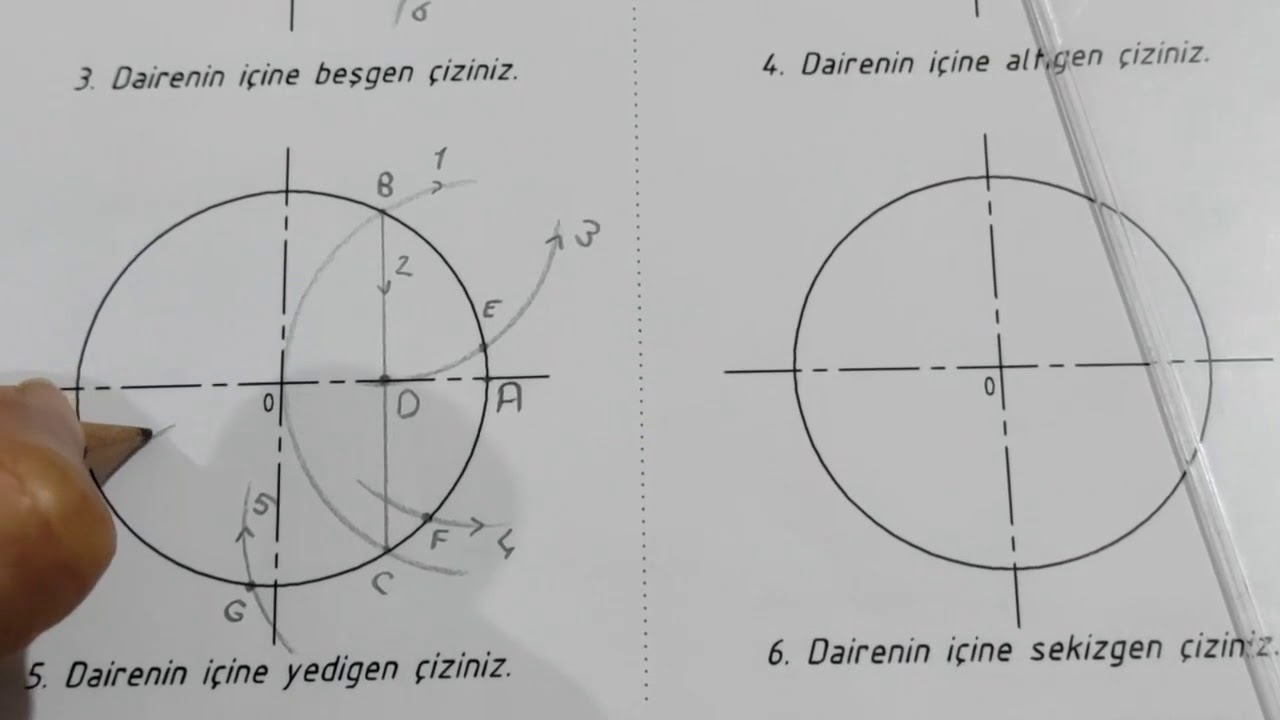 5 Dairenin İçine Yedigen Çizimi