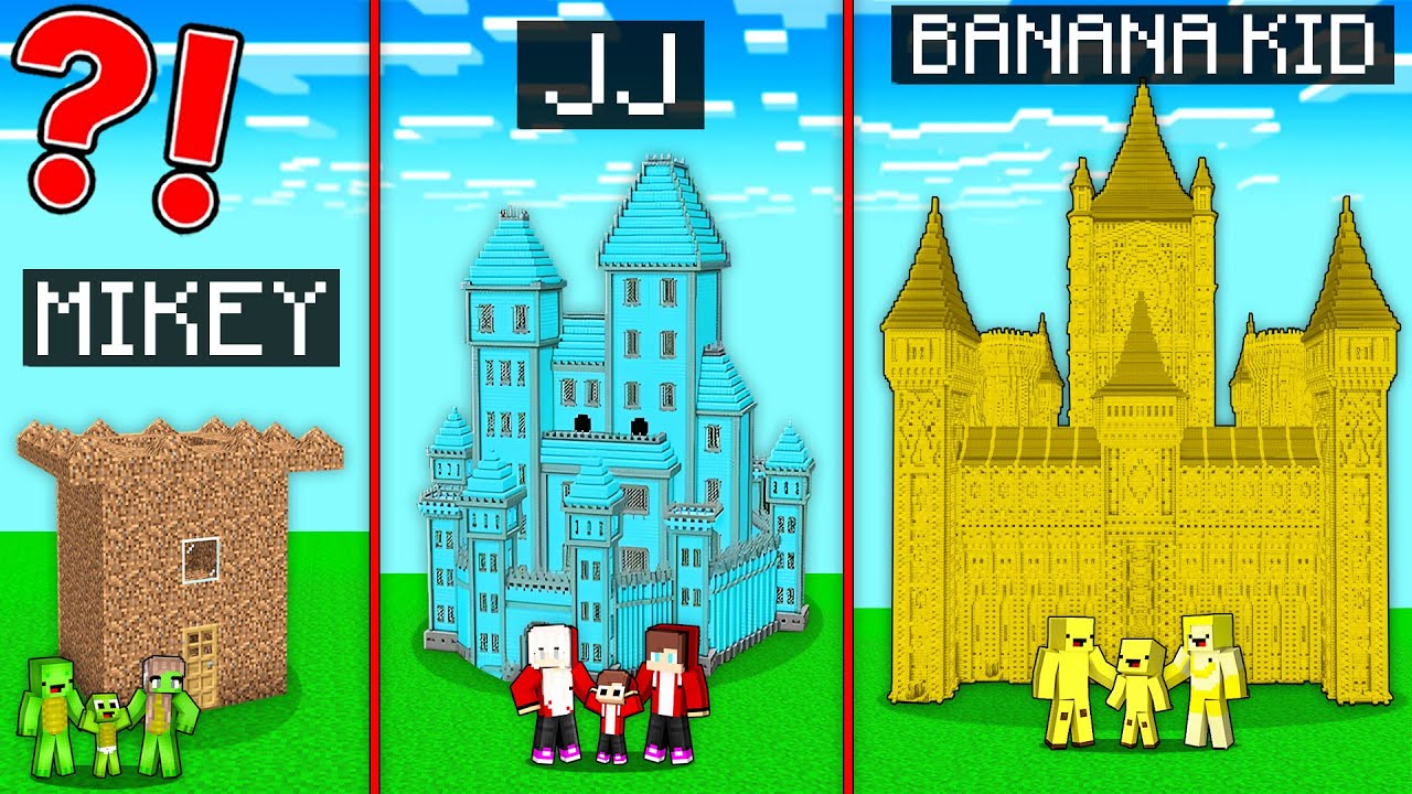 JJ Family vs Mikey Family vs Banana Kid Family CASTLE Survive Battle in Minecraft Maizen TV!