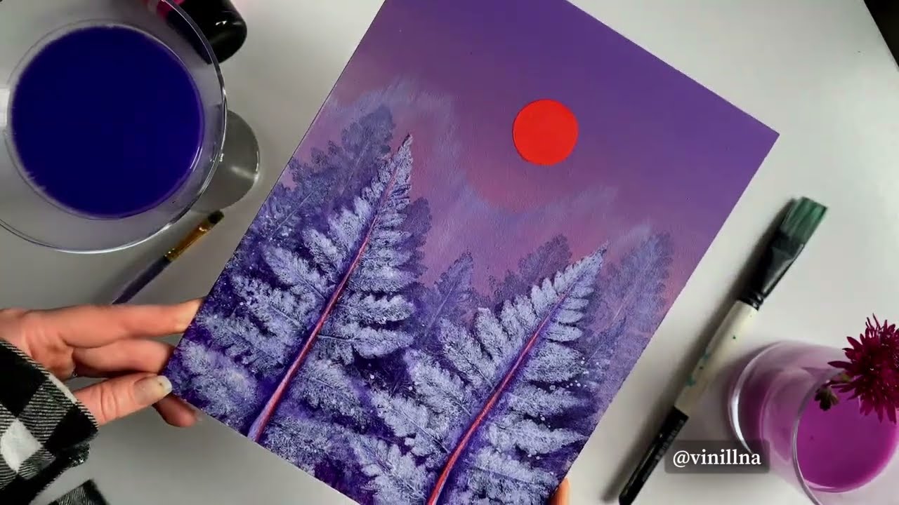 Purple trees painting / Purple leaves painting / Leaf impressions / Botanical art / Sunset painting