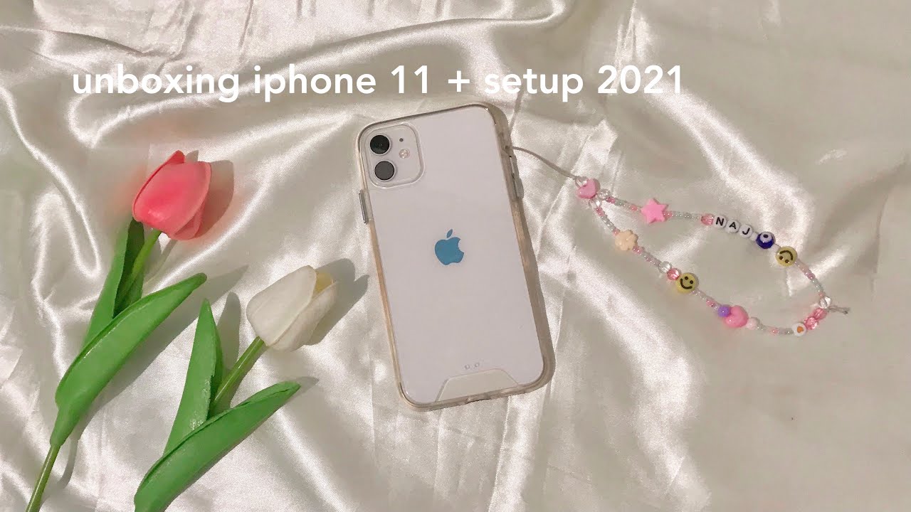 unboxing white iphone 11 128gb + setup 2021 (aesthetic phone case, beaded phone strap) 📱☁️