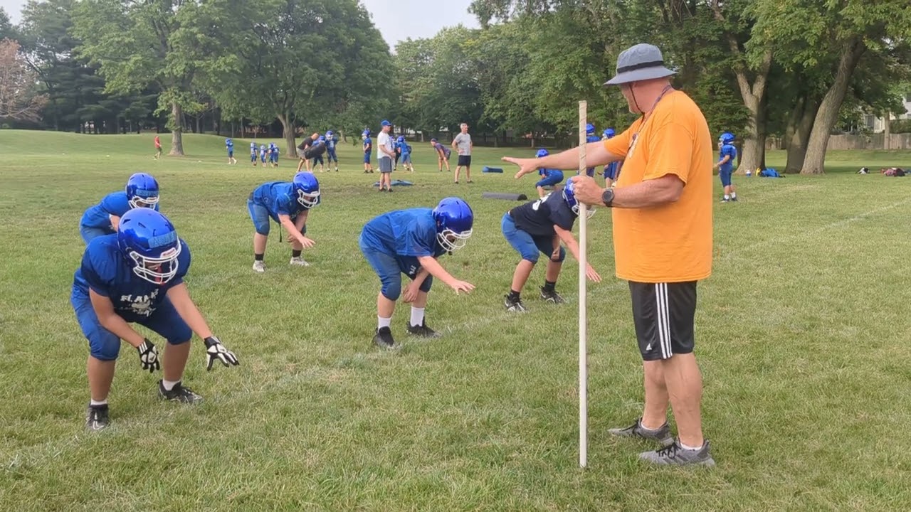 JV Offensive Line Drills -- Three point stance step through