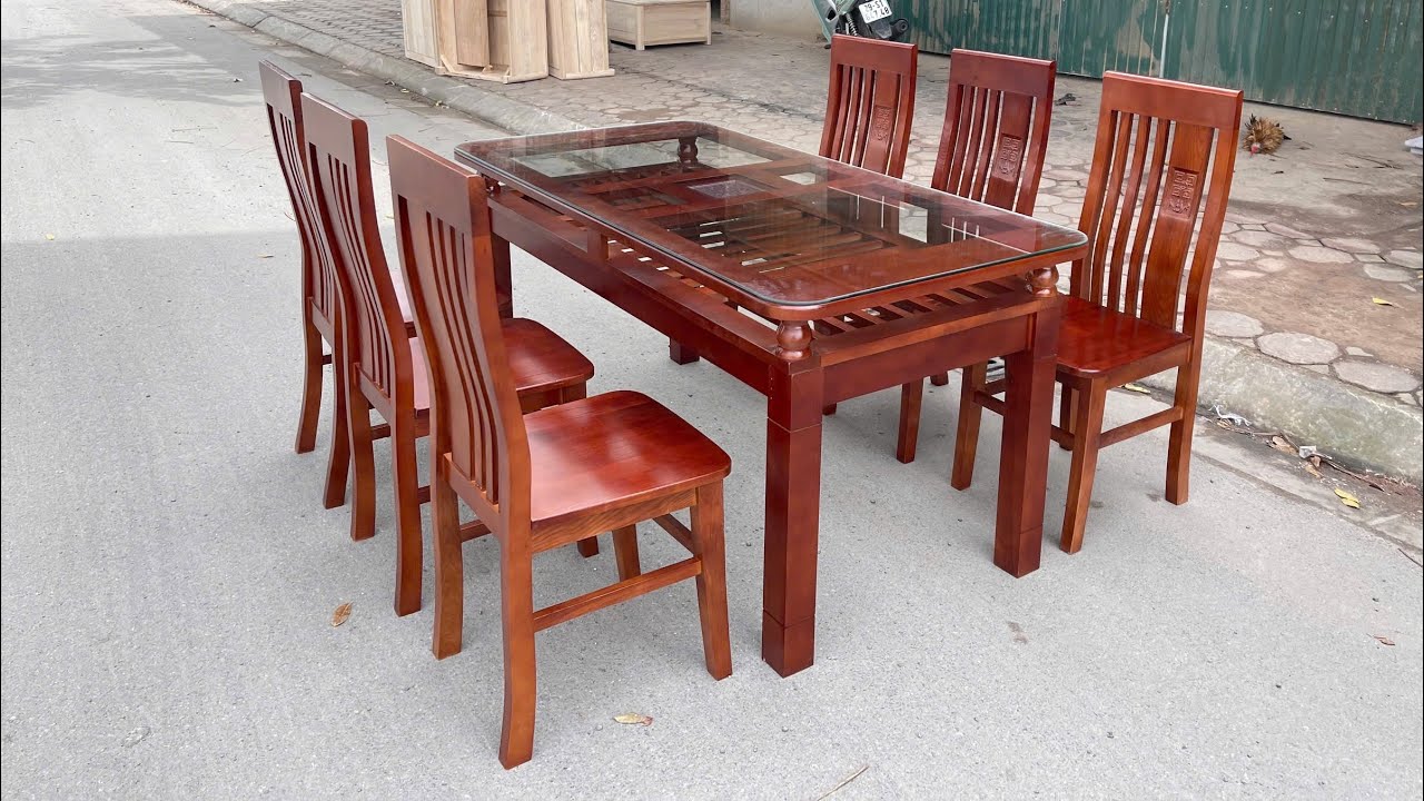 Bàn ăn thọ lệch gỗ sồi Nga 6 ghế