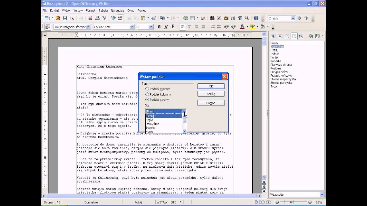 zaawansowane numerowanie stron openoffice writer