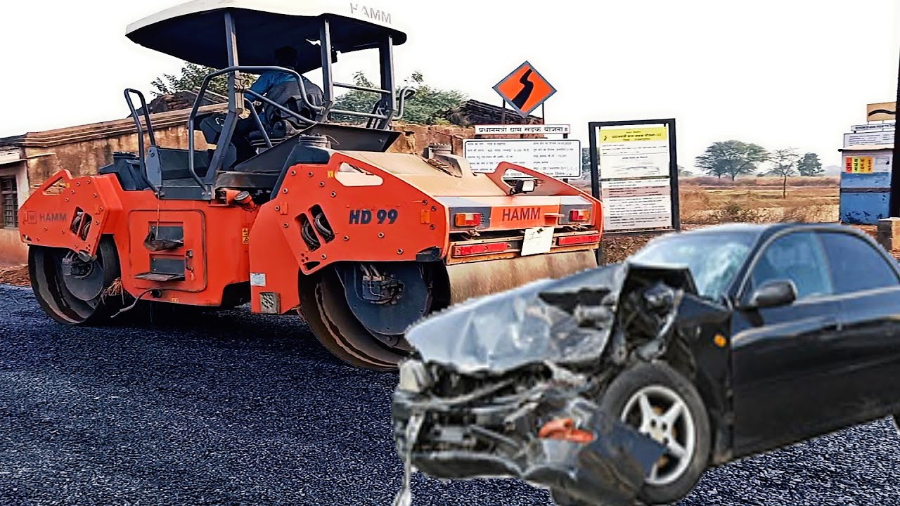 Road Contructions site Roller vs car accident, cartoon truck, road, compilation #11