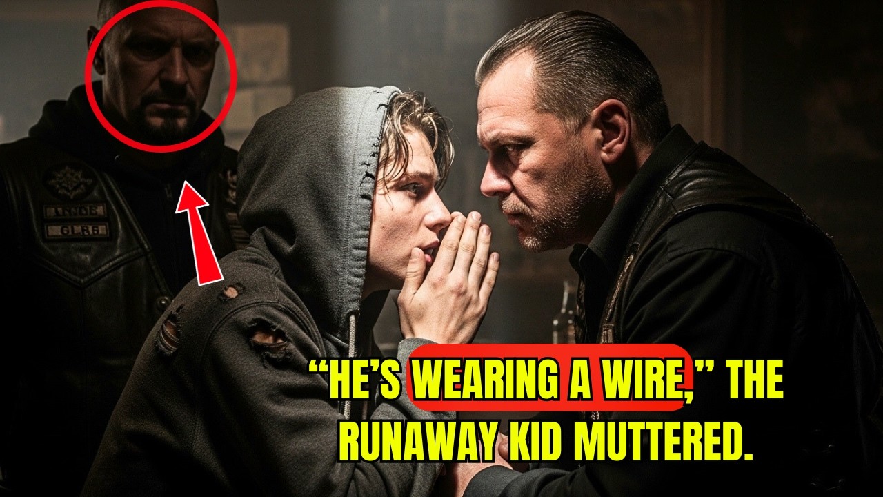 “He’s wearing a wire,” the runaway kid muttered. The biker poured his drink out