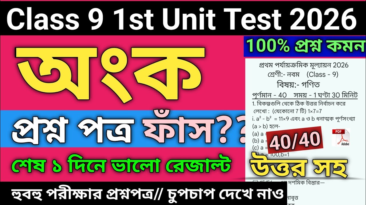 Class 9 Math 1st Unit Test Suggestion 2026 | class 9 math 1st unit test question paper 2026