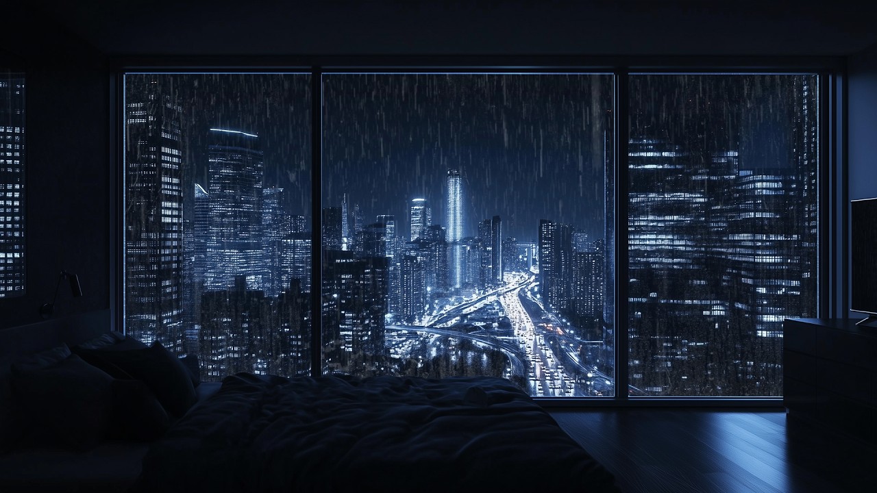 Light Rain Over Night City Skyline for Study, Focus & Calm Deep Sleep | No Ads
