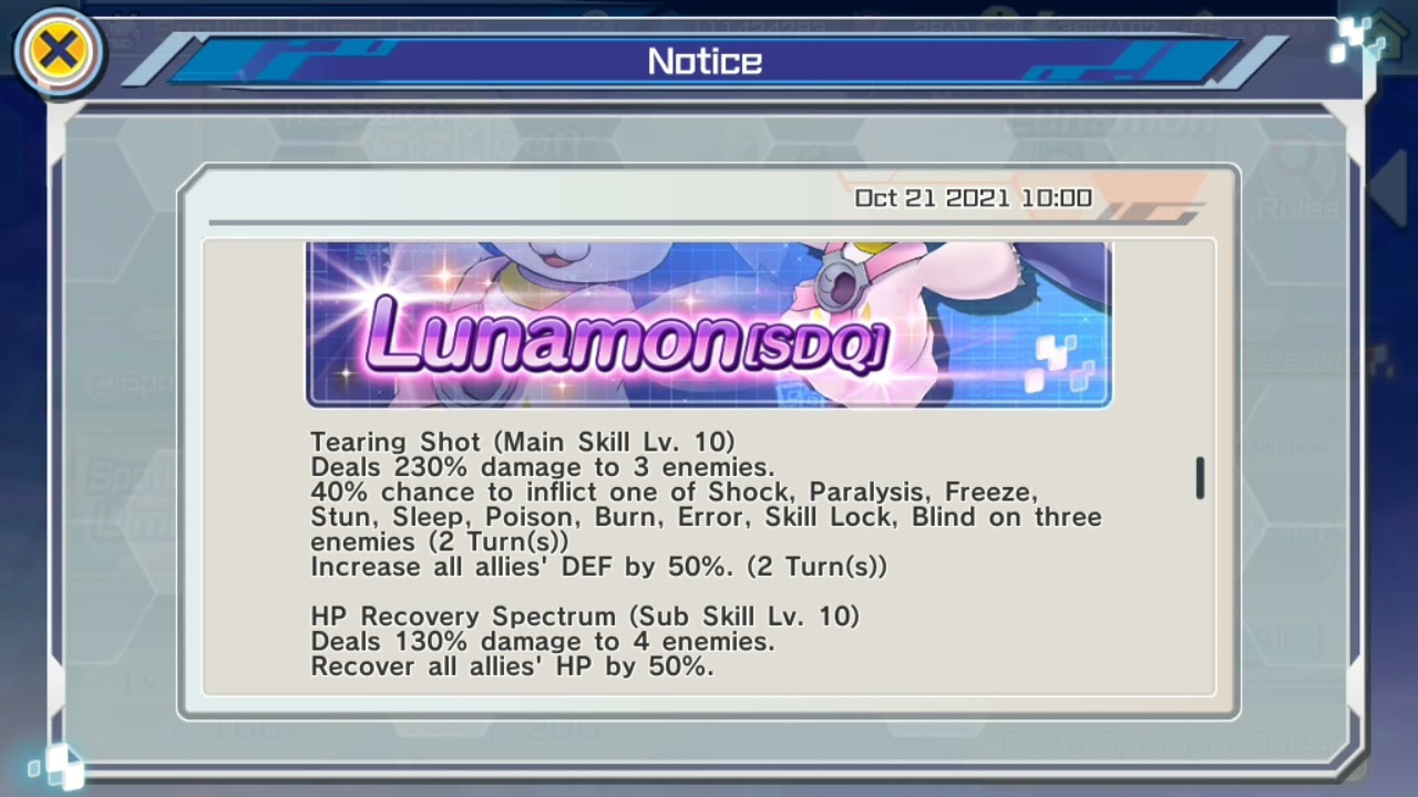 Support !!! HEAL and 2 turn CANCEL ABNORMAL STATUS !!! Lunamon SDQ - Digimon Rearise Global