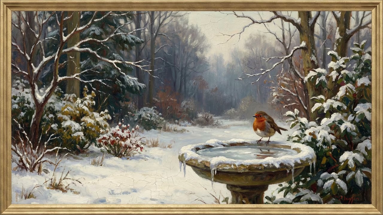 Robin at Frozen Bird Bath in Winter Forest | Framed Art TV Wallpaper 4K | Oil Painting | 2 Hours