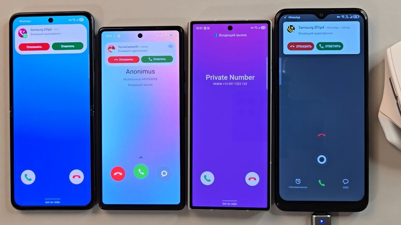 Incoming call Samsung Flip3 TCL30b Google Pixel 6A Samsung Galaxy ZFold 6 with mouse control