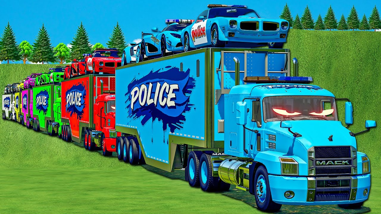MASSIVE TRANSPORT CONVOY OF COLORS! COPS FIREBIRD, CORVETTE, SHERIFF & MACK TRUCKS! FS 25