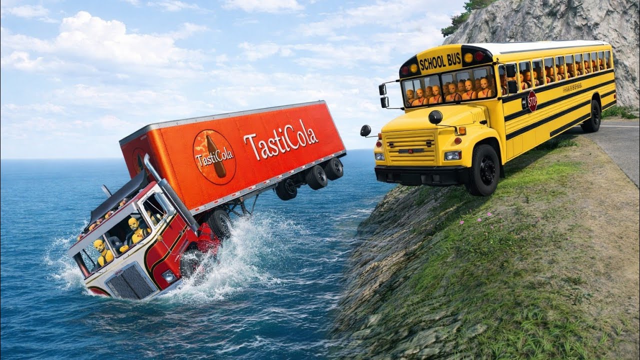School Bus vs Tasty Cola Drink Truck 😱 | Dangerous Cliff Crash Test | BeamNG.drive 🔥 #122