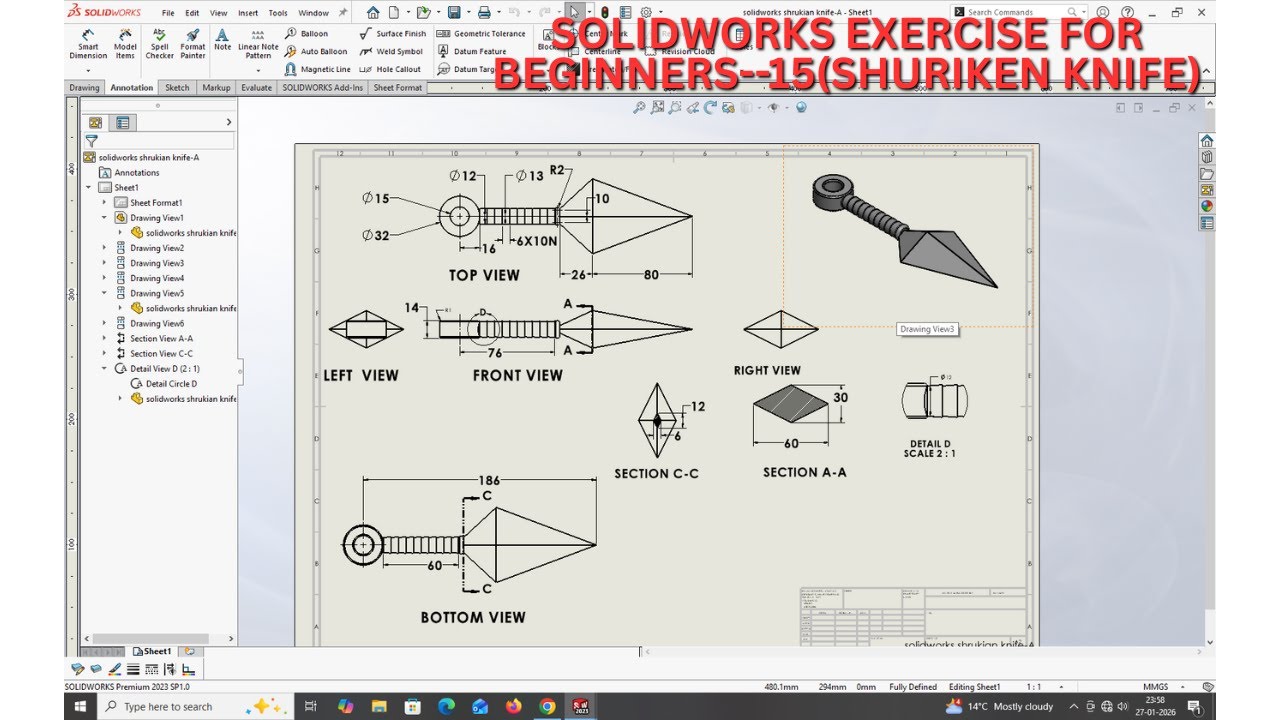 Упражнение SolidWorks для начинающих - 15 (нож сюрикен).