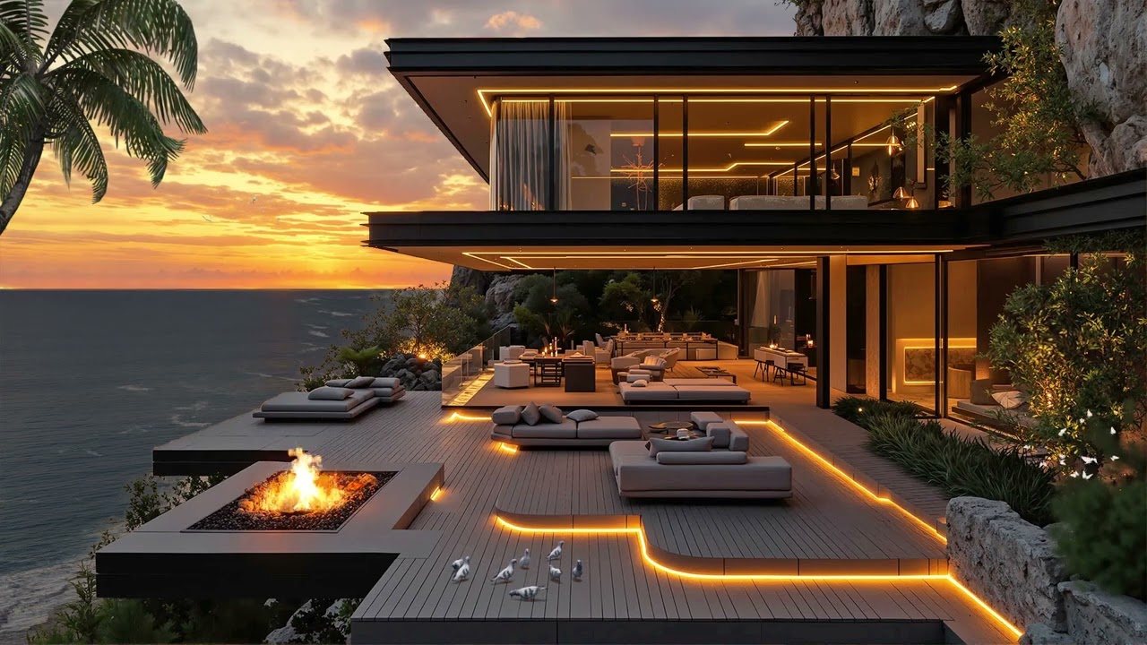 Luxury Ocean Cliff Villa at Sunset 🌊 Bossa Nova Chill Music for Deep Relaxation & Cozy Nights