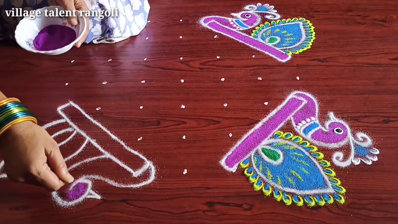 Creative simple rose bird  rangoli muggulu with 7 dots  || Amazing easy Diya rangoli & kolam designs