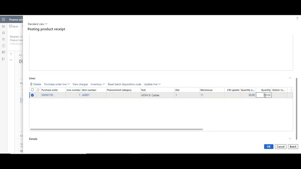 Product receipt with partial quantity || Purchase Order || D365 Finance and operations