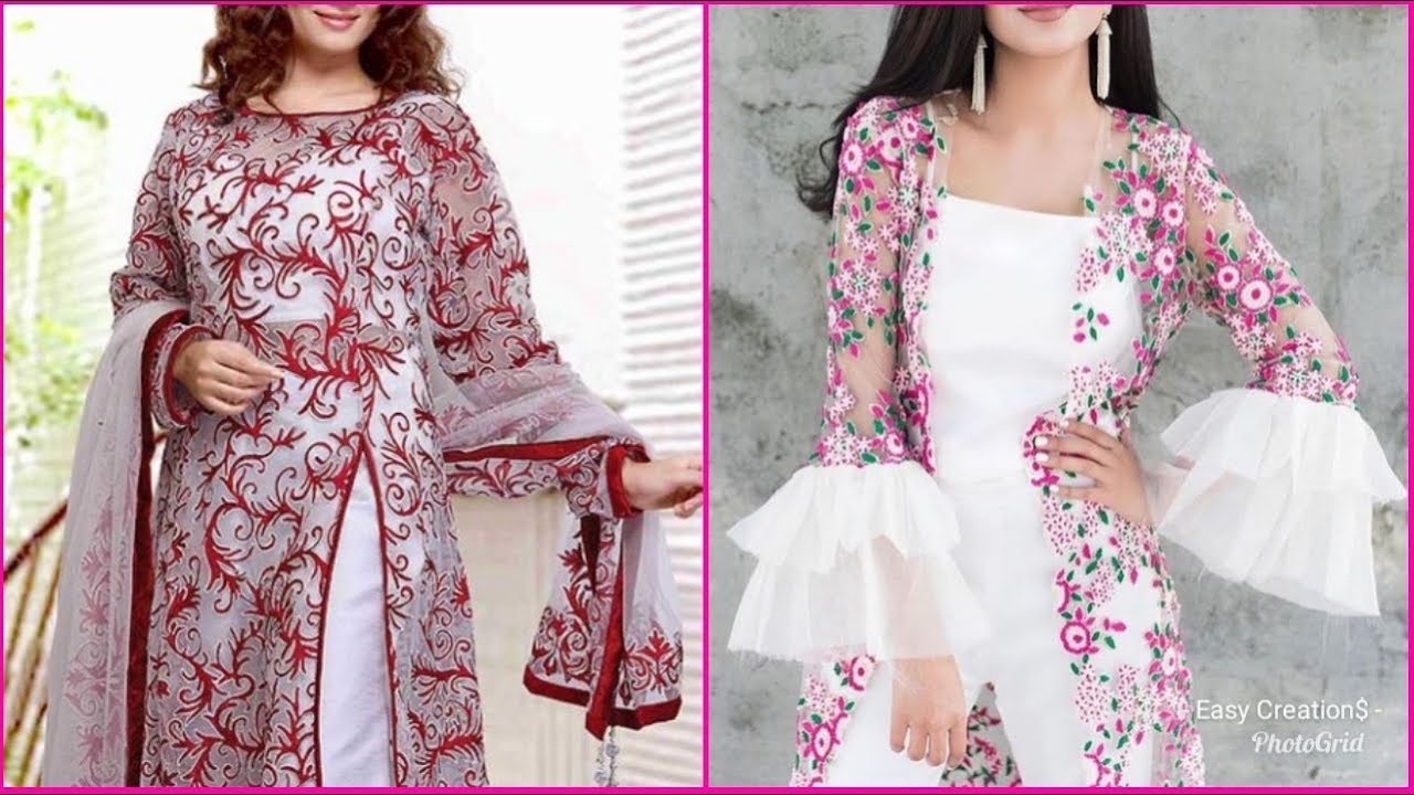 Latest floral print kurti design ideas,embroidered net kurti designs,party wear suit