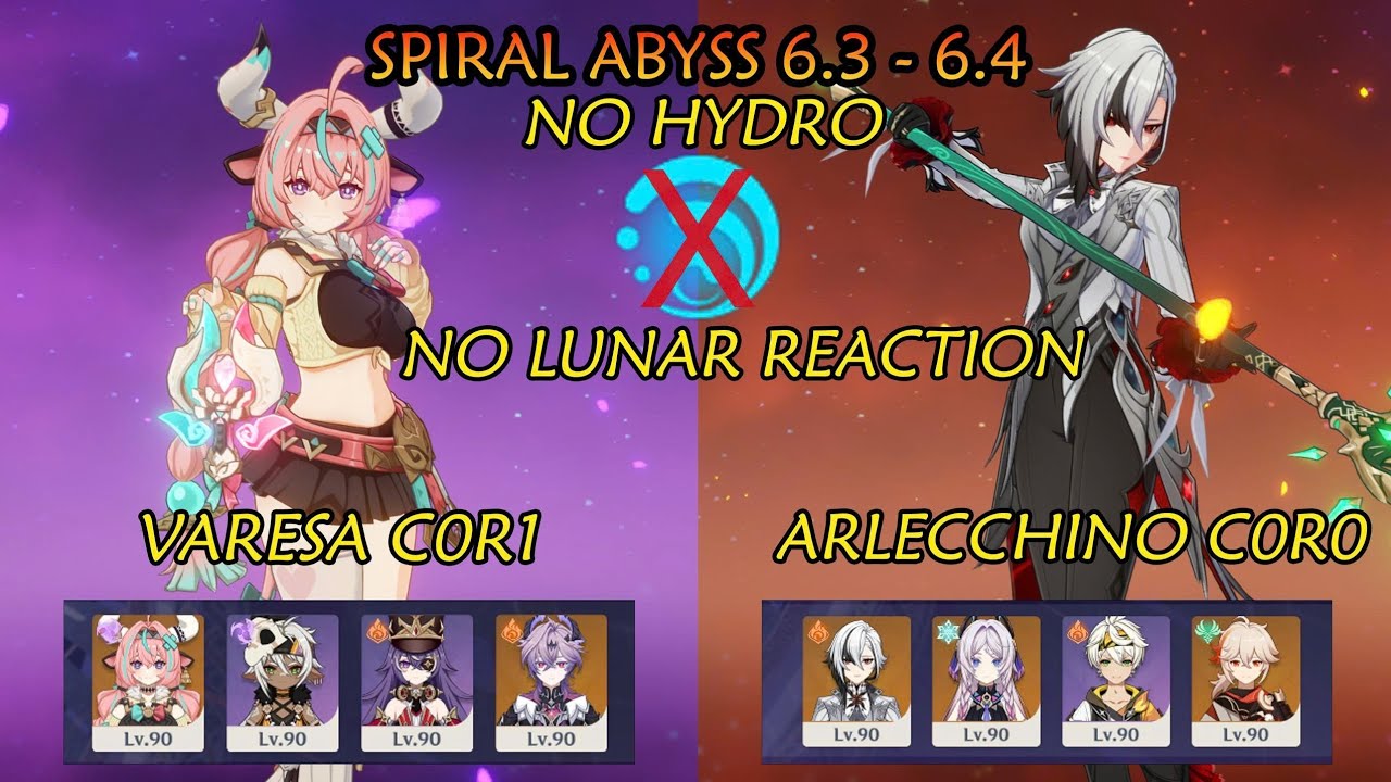 F2P NO LUNA REACTION, NO HYDRO Spiral Abyss 6.3 6.4 Varesa C0R1 - Arlecchino C0R0