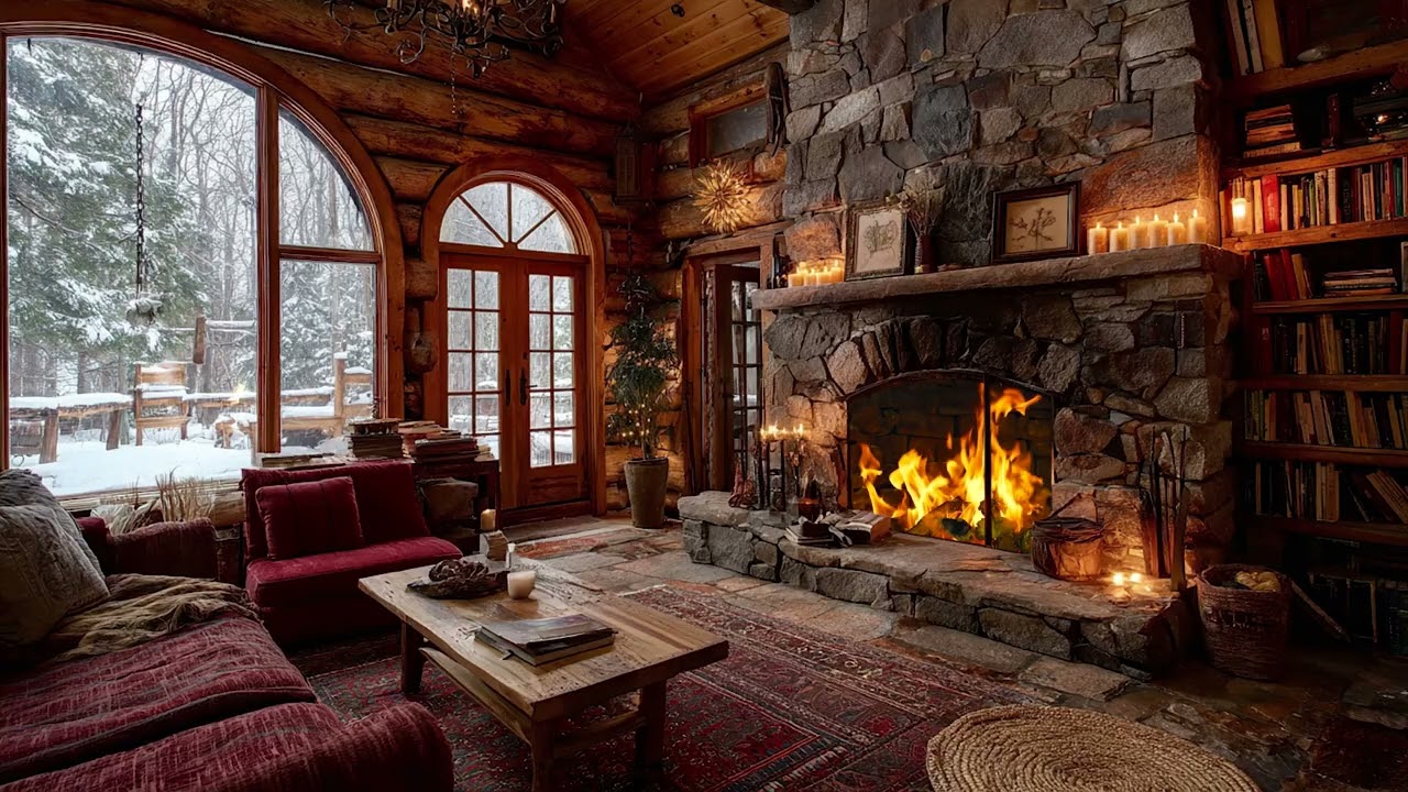 Cold Snow Wind Drifting Outside the Cabin | Warm Fireplace Crackling Sounds for Deep Relaxation