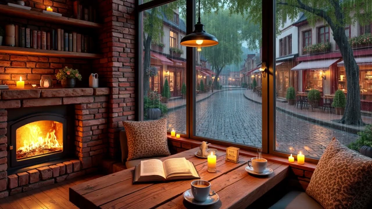 Gentle Rain Street Jazz | Warm Piano & Soft Sax by the Fireplace for Deep Evening Calm