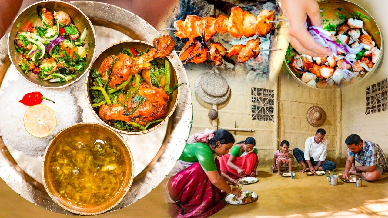 লাই শাকৰ লগত কুকুৰা মাংস জুতি। chicken with mustard green । তেঙামৰাৰ লগত মচুৰ ডাইল |
