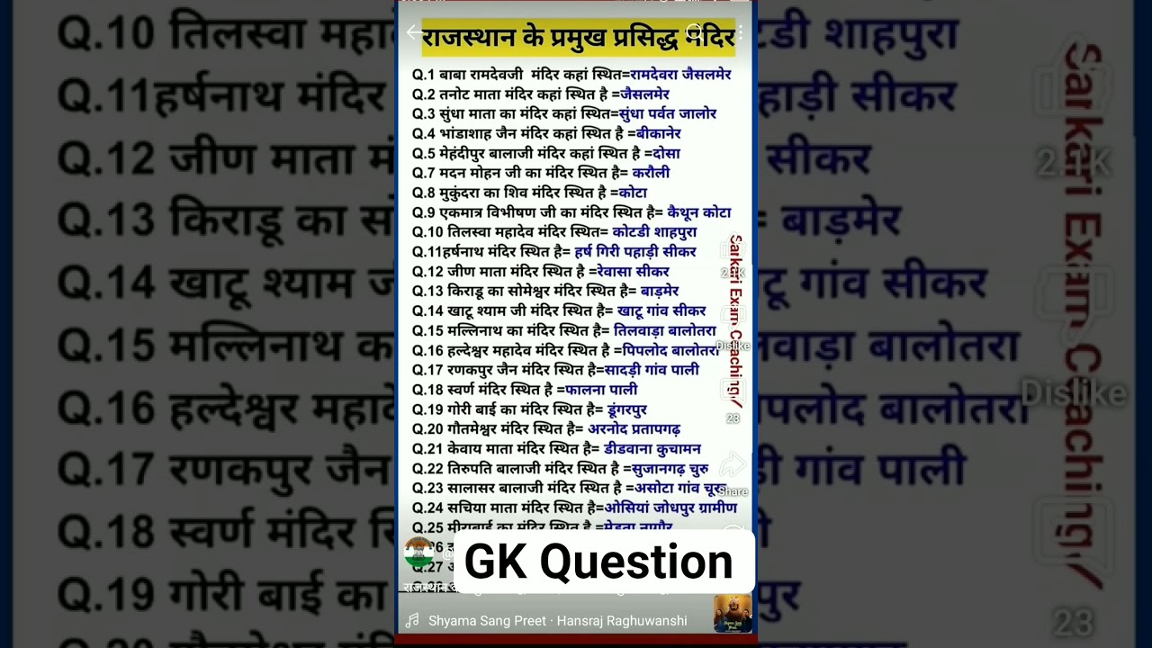 List of most famous temple in Rajasthan in Hindi General Knowledge #temple #rajasthan #important #gk