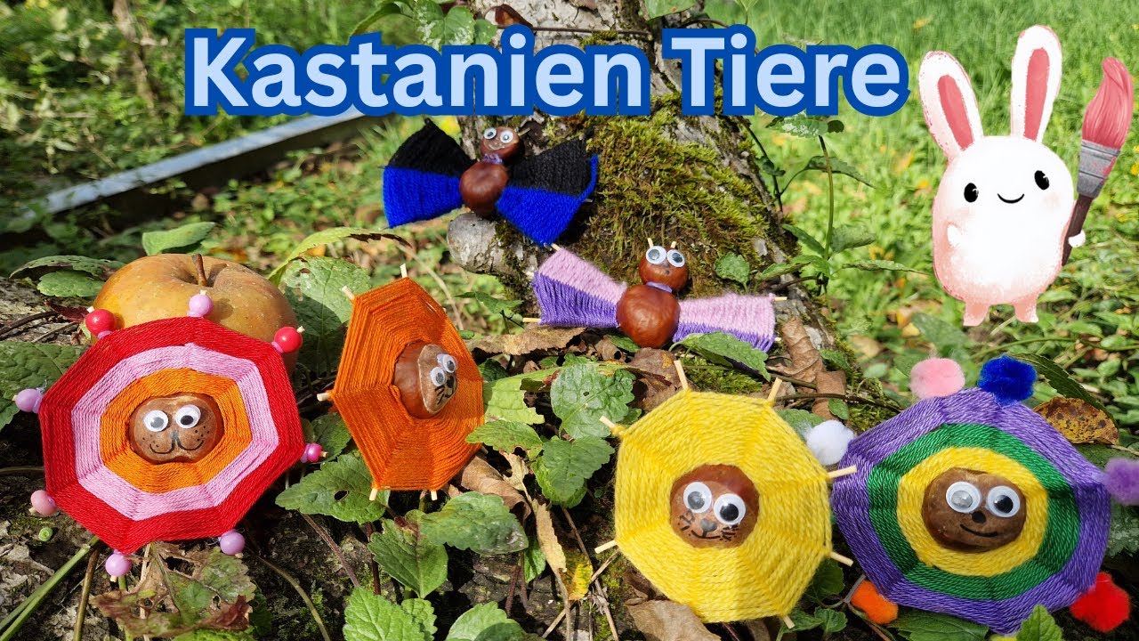 Kreative Bastelideen für Kinder im Herbst: Basteln mit Kastanien Zahnstocher und Wolle Spinnennetzen