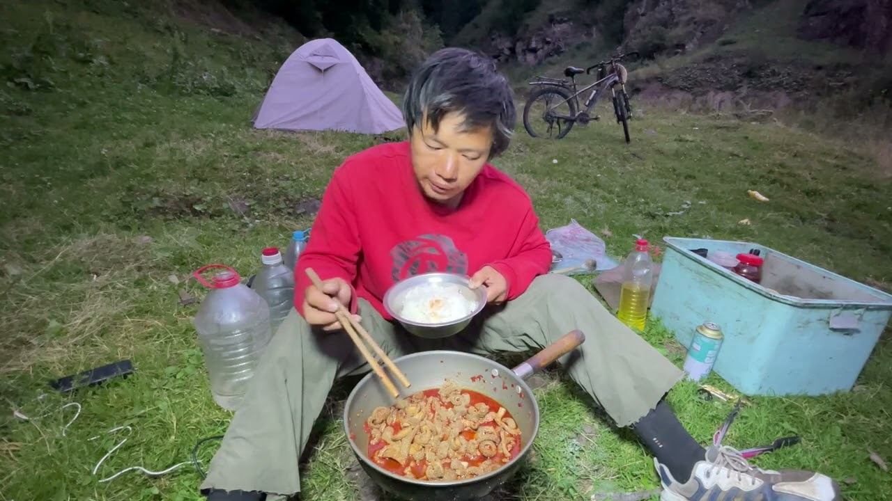 骑行伊犁那拉提找到一处风景优美的山谷露营，吃着羊肚太美味了 #户外露营 #骑行新疆 #穷游中国