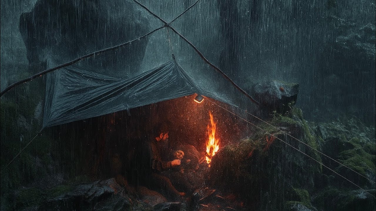 Surviving Alone in Heavy Rain | Building a Rain Shelter with Fire Under the Rocks