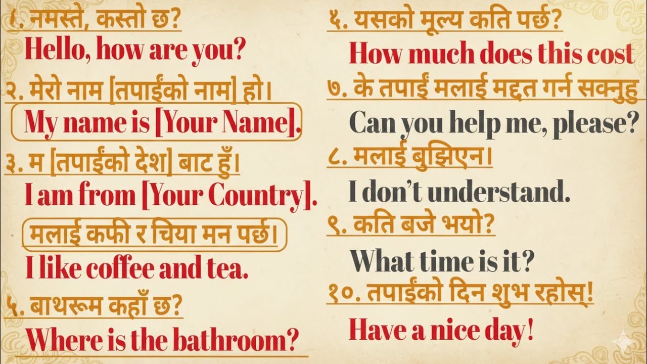 सधैँ प्रयोग हुने अङ्ग्रेजी तथा नेपाली वाक्यहरू English Speaking Course Daily Basis Learn English 