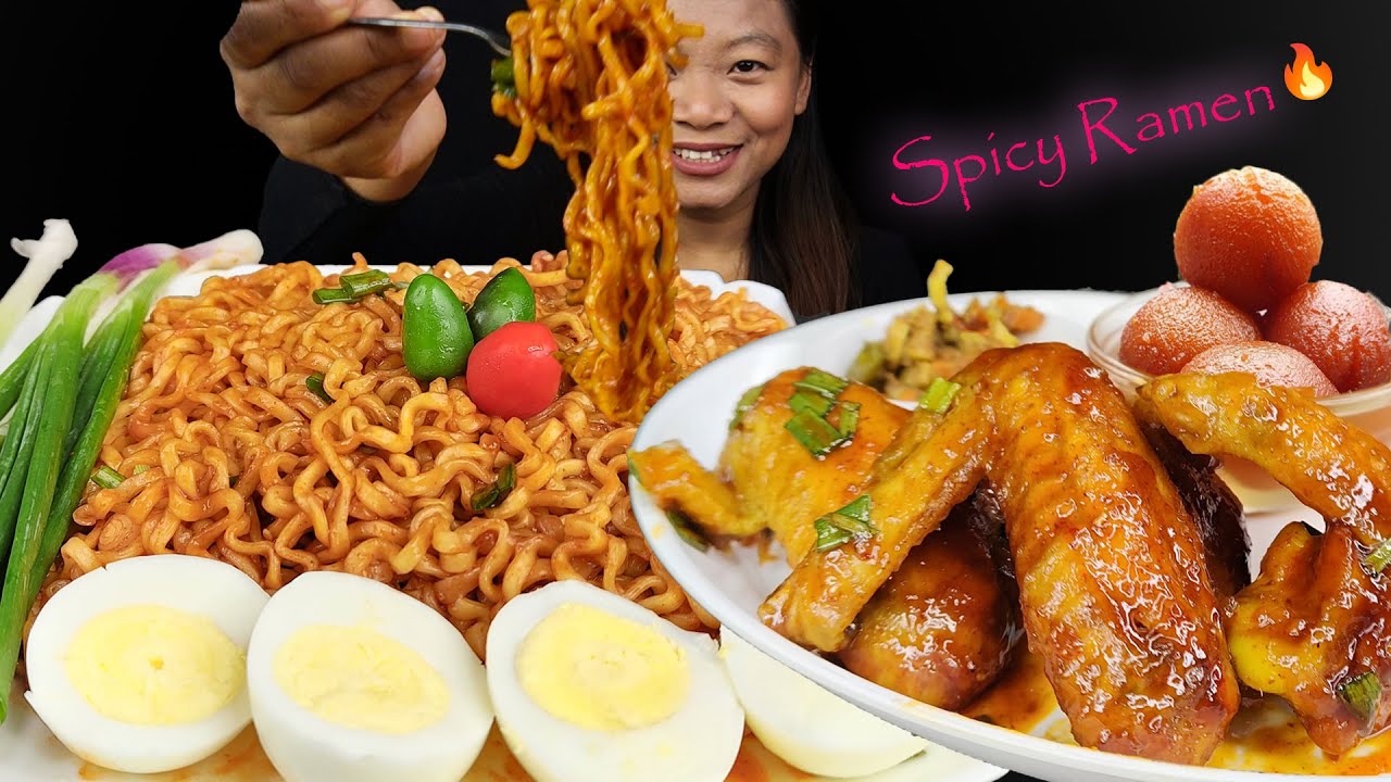 Eating Spicy Noodles with Chicken Wings, Spicy 2x korean Ramen Mukbang, Eating Show, Nepali Mukbang
