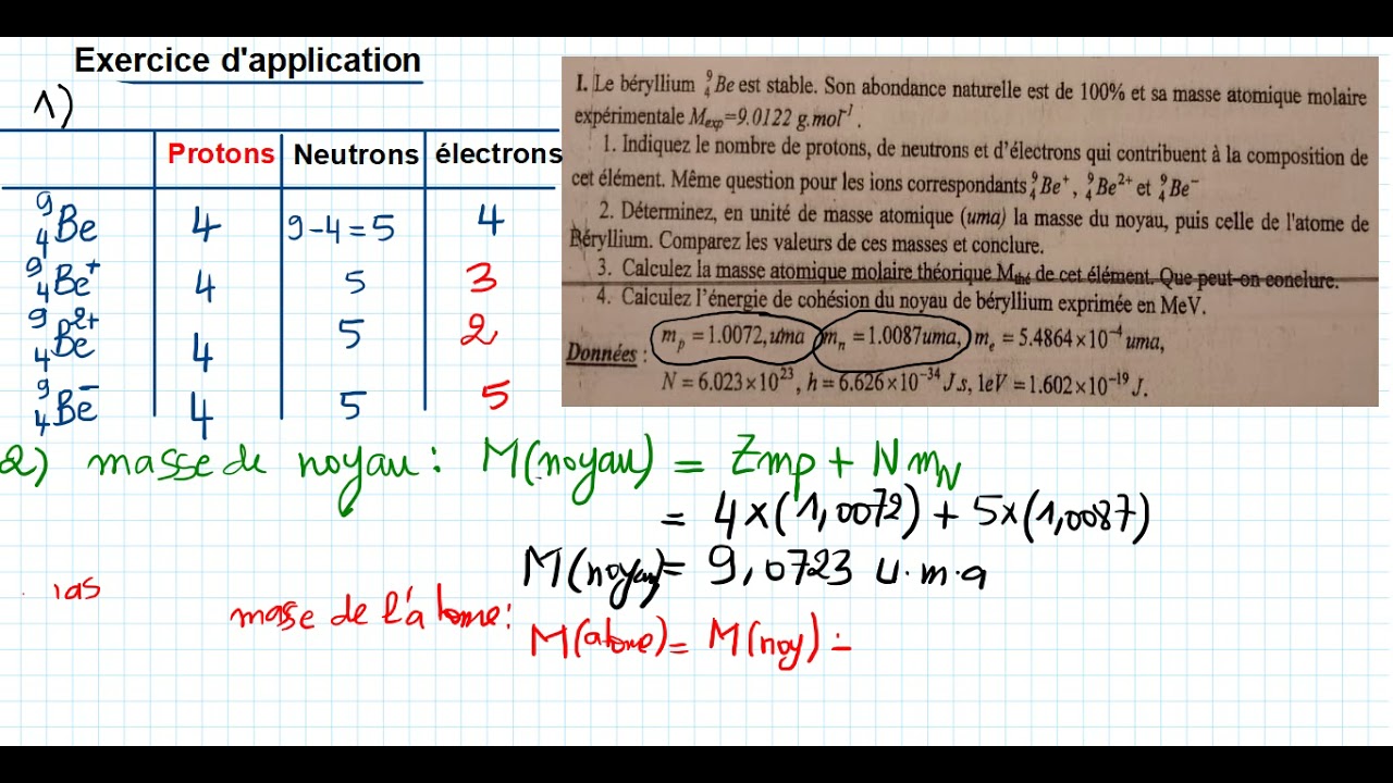 Comment calculer la masse d'un atome et de son noyau en (u.m.a): Exercice d'un examen