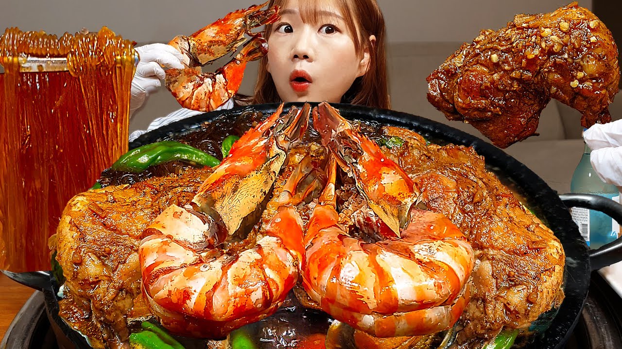 Sub)Real Mukbang-Тушеная курица с королевскими тигровыми креветками 🍗 Лапша 🍜 АСМР КОРЕЙСКАЯ ЕДА