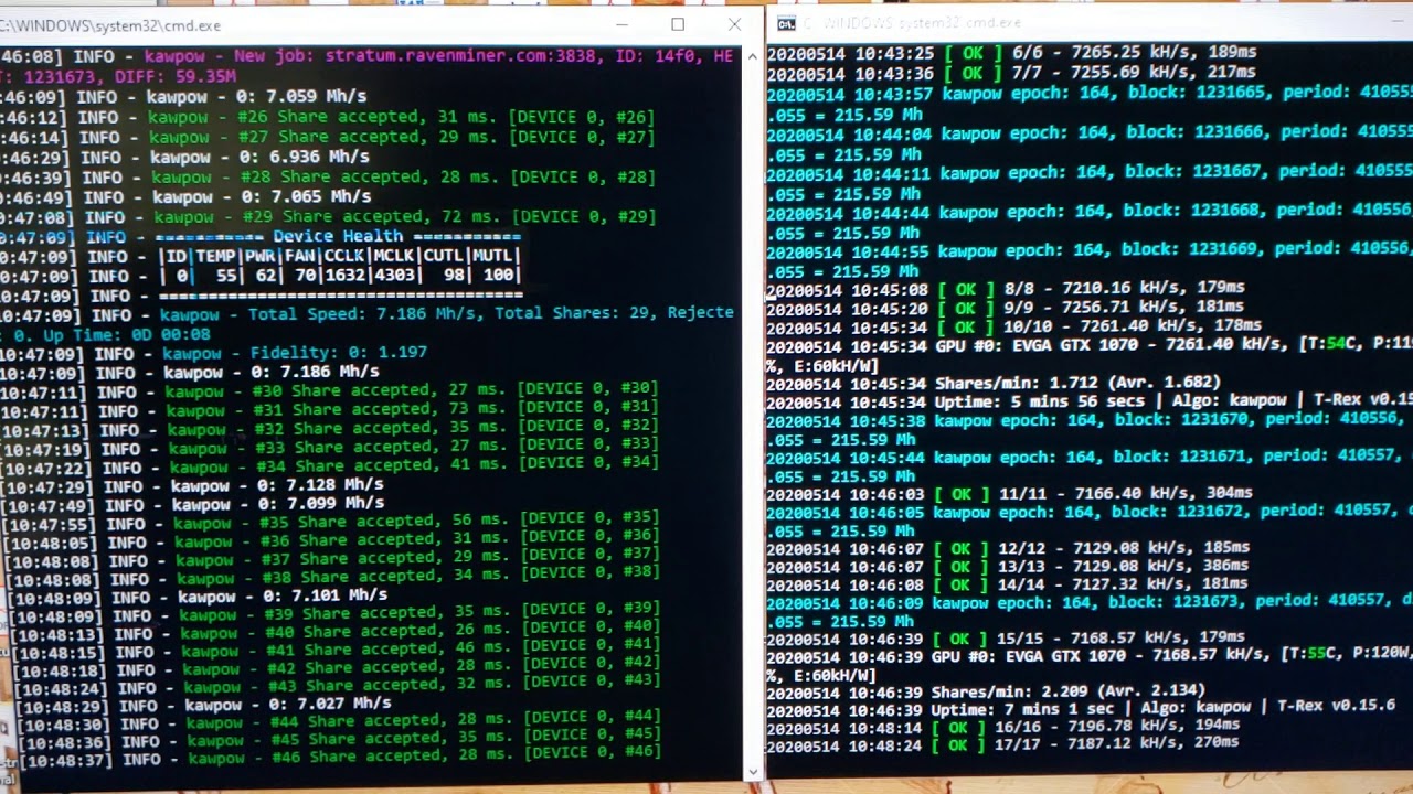 T-rex Miner 15.6 VS. NBMiner 30.2 Ravencoin KawPow hashrate, setup, and power usage comparison