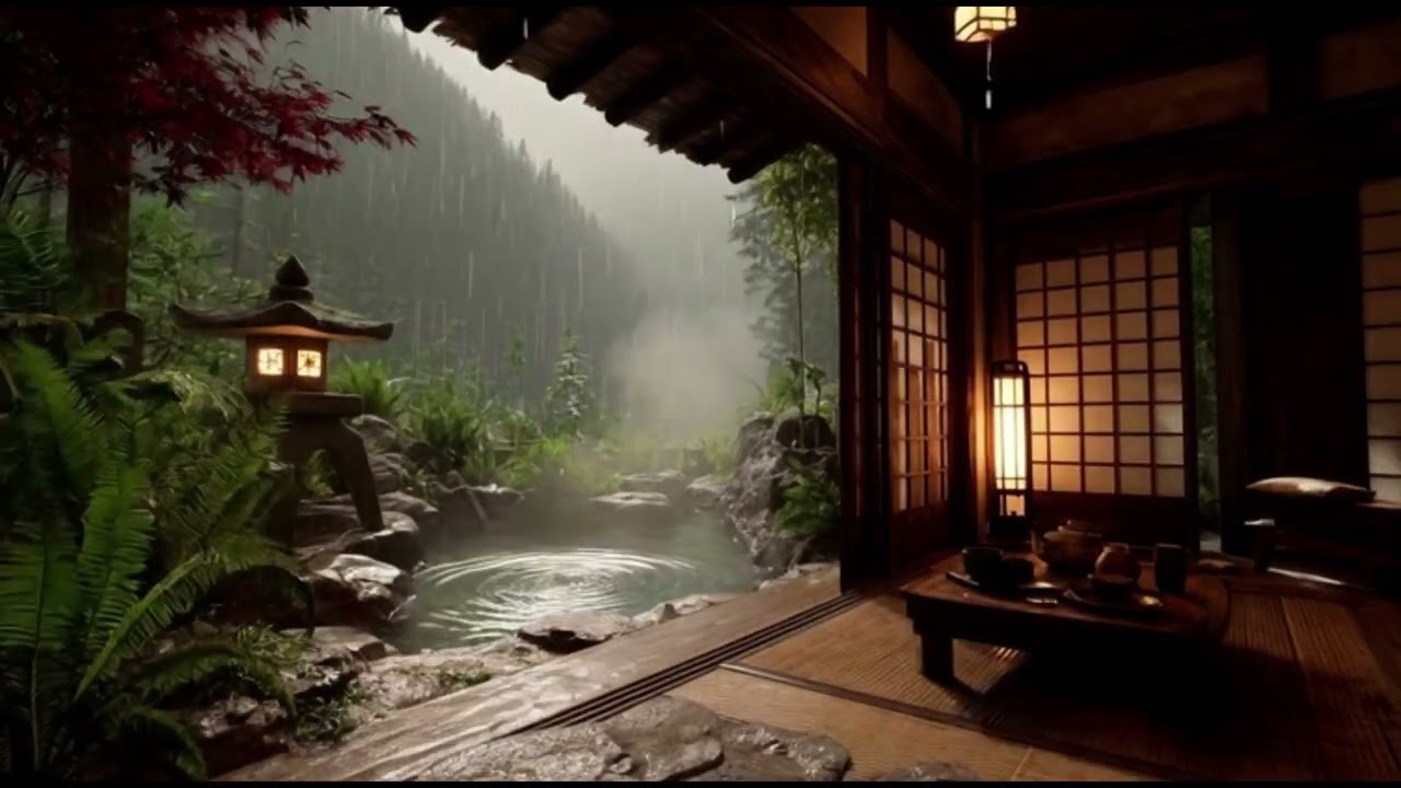 Japanese Onsen in Rain 🌧️♨️ 10 Hours Relaxing Hot Spring & Rain Sounds for Sleep