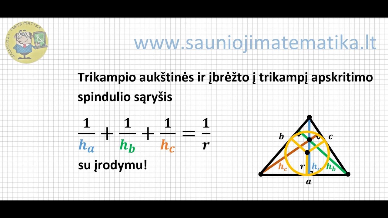 Trikampio aukštinė (2 dalis): sąryšis 1/h_a +1/h_b +1/h_c =1/r su į trikampį įbrėžto apskrit. spind.