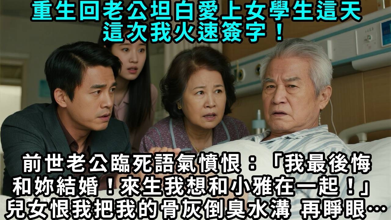 重生回老公坦白愛上女學生這天，這次我火速簽字！前世老公臨死語氣憤恨：「我最後悔就是和你結婚！來生我想和小雅在一起！」兒女恨我，把我骨灰倒臭水溝，再睜眼&hellip;&hellip;