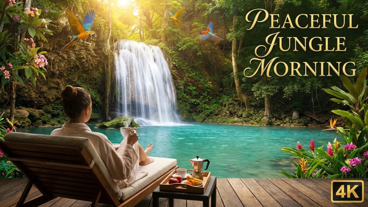 Peaceful Jungle Oasis 🌿 Morning Waterfalls, Birds Singing & Crystal Blue Water | 4K