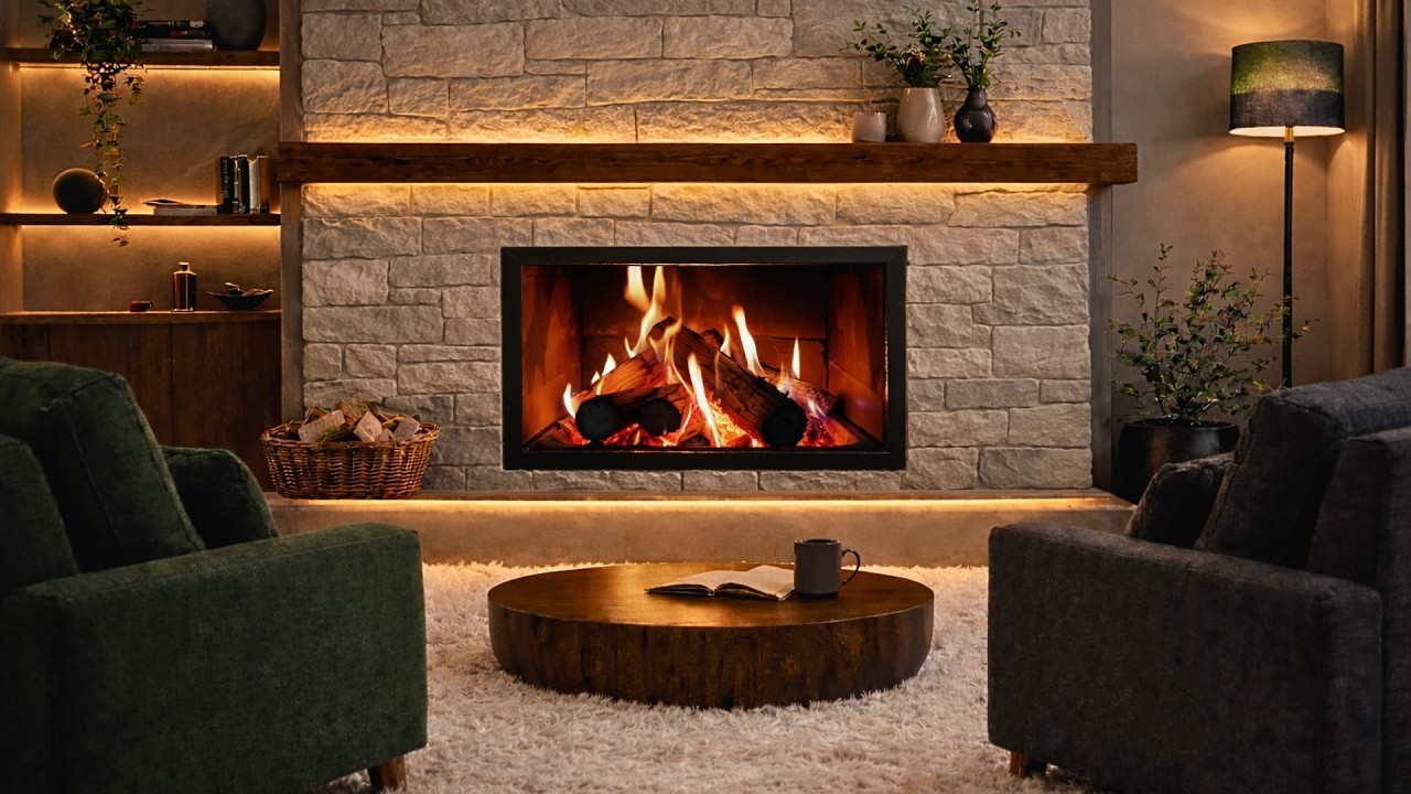 Modern Lounge Fireplace 🔥 | Natural Fire Sounds for Focused Work (1 Hour)
