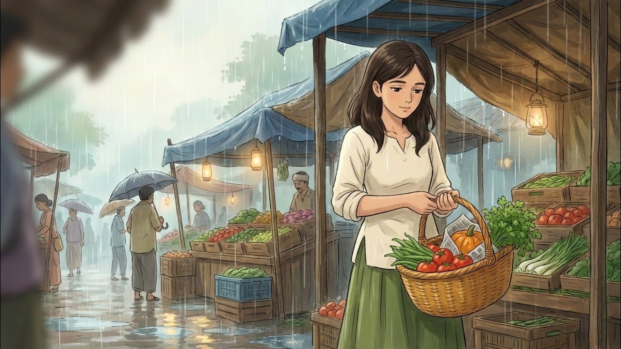 A Rainy Market Afternoon | Carrying Fresh Vegetables Home in a Woven Basket | Ghibli-Style ASMR