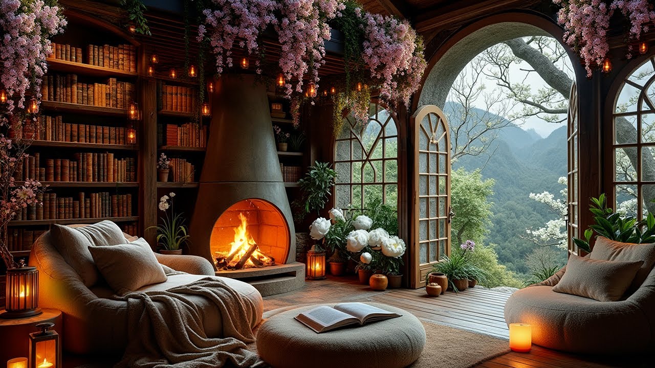 🌸 Cozy Cabin Fireplace with Indoor Spring Flowers | Relaxing Nature Sounds for Deep Calm 🔥🌿