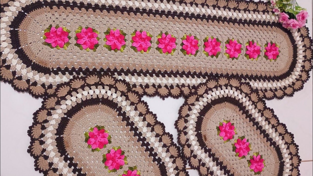 Jogo de cozinha de crochê simples para iniciante, com a flor catavento, emenda de square.
