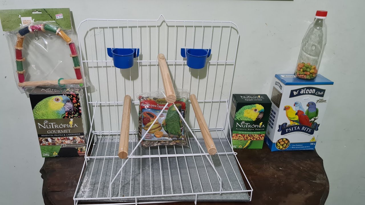 Comprei o terceiro poleiro para meu papagaio e mais comidas