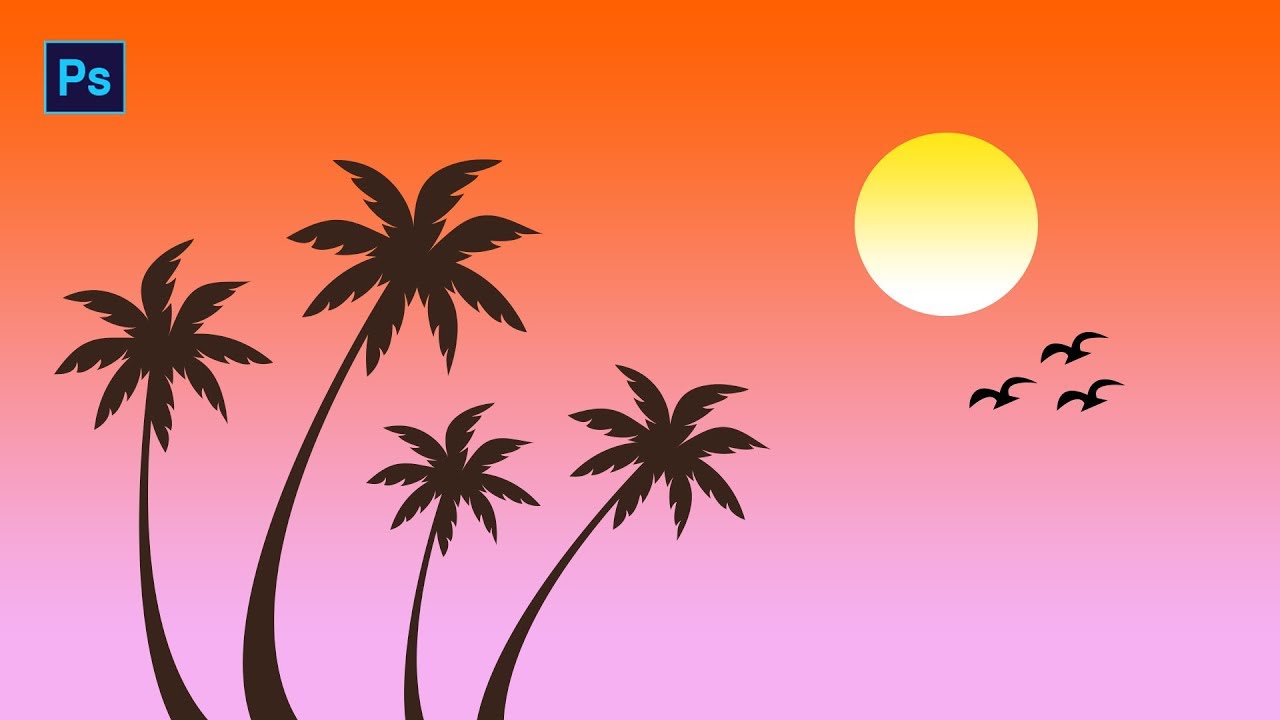 How to draw easy Sunset Landscape drawing - #Photoshop Tutorial
