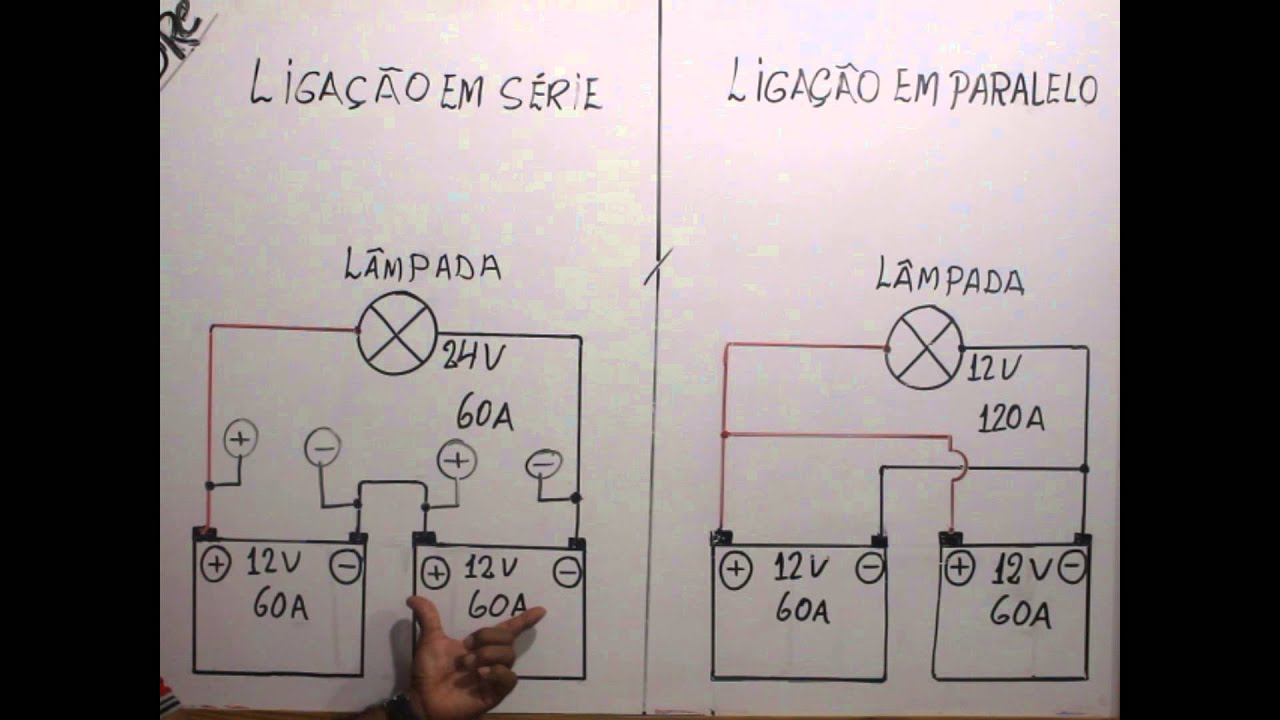 COMO LIGAR DUAS BATERIAS EM SÉRIE E EM PARALELO E OBTER 12 E 24 VOLTS 1/2