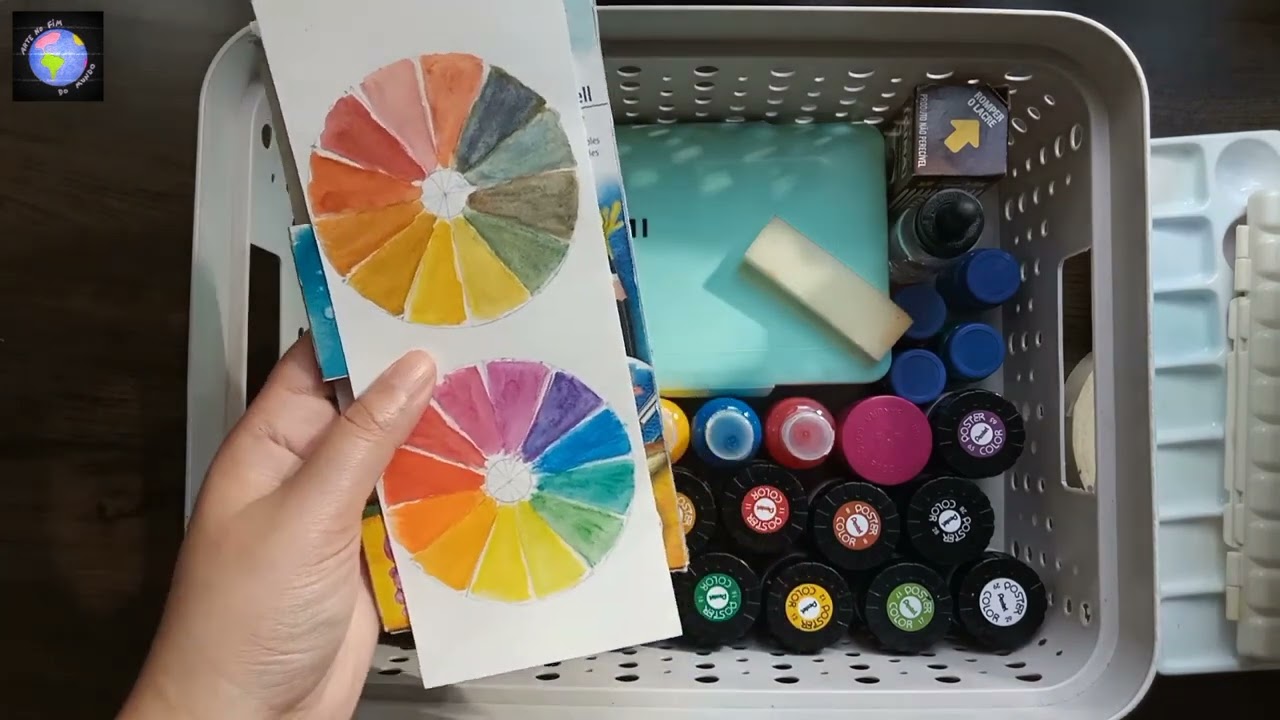 Mostrando materiais que uso nos livros de colorir - Tinta guache, aquarela, giz de cera e outros
