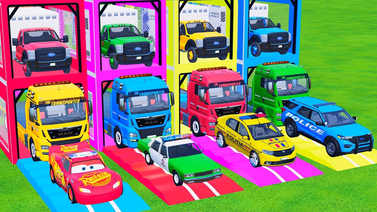 TRANSPORTING ALL POLICE CARS - MCQUEEN,DACIA,FORD,AMBULANCE with MAN TRUCK - FS 22 - Galaxy Farm
