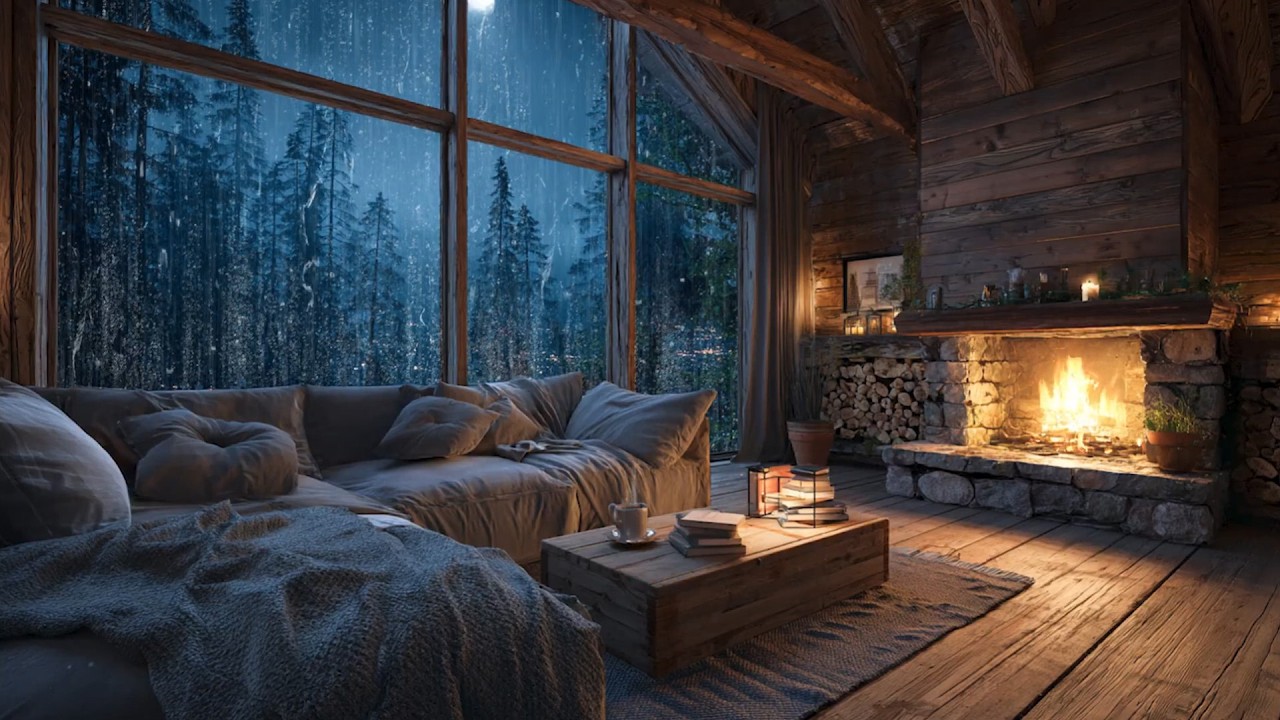 Heavy Rain and Warm Fireplace in a Cozy Forest Cabin for Deep Sleep and Relaxing Nights