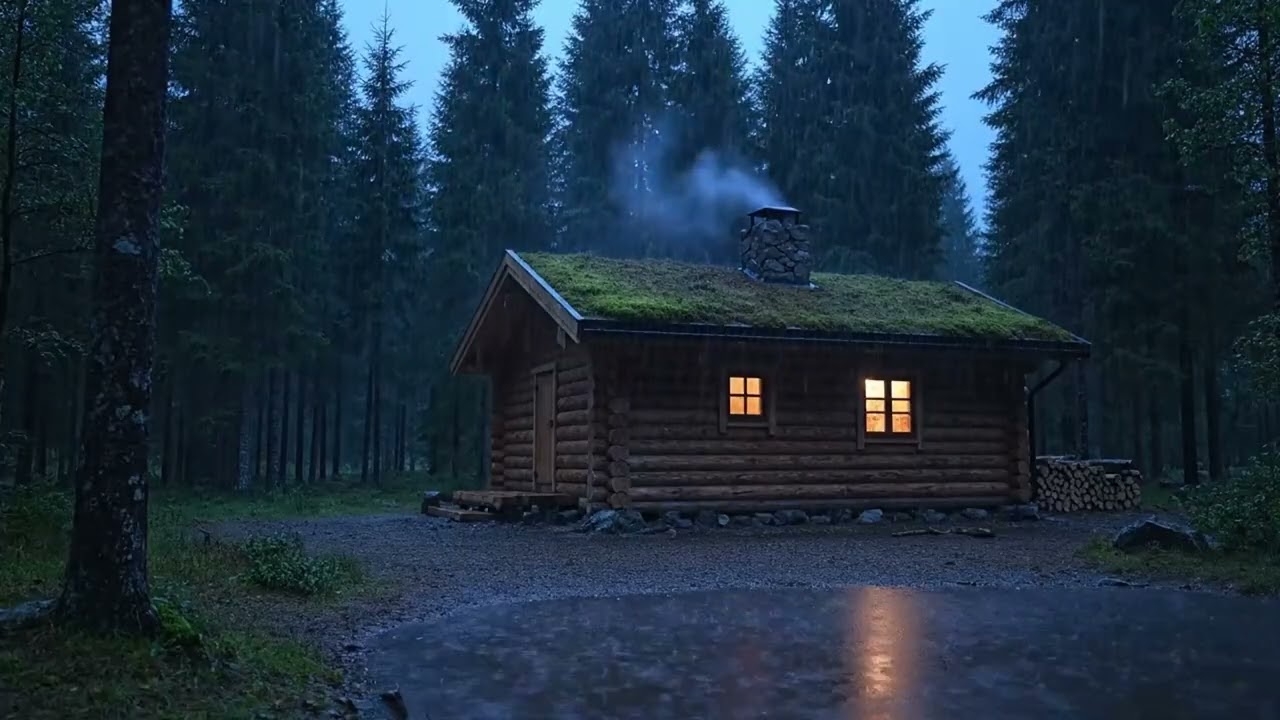 Cozy Night Rain in Forest Cabin | Relaxing Fireplace Ambience for Study