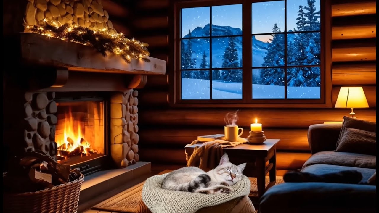 Cozy Log Cabin with Cat & Fireplace Ambience | Snowfall & Winter Night Calm